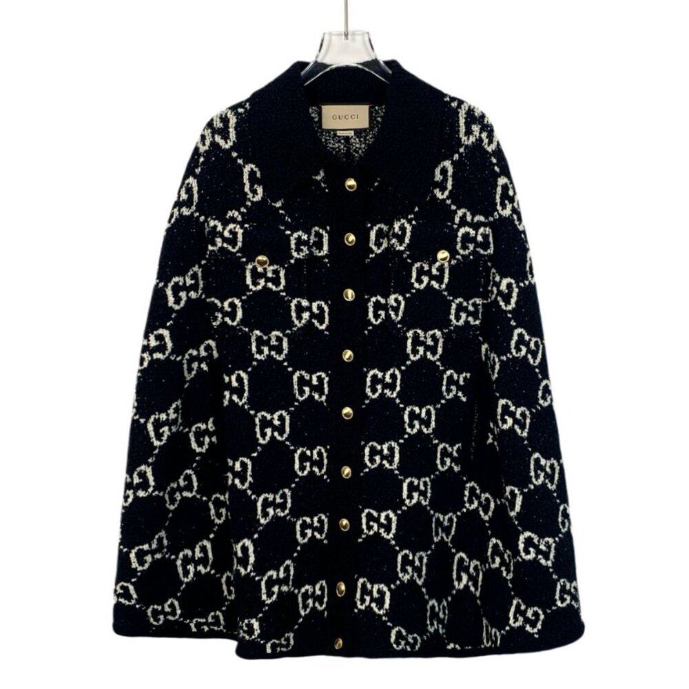 Gucci Womens Button-Up Wool & Cotton Blend Monogram Cape Jacket XXS Black & Whit